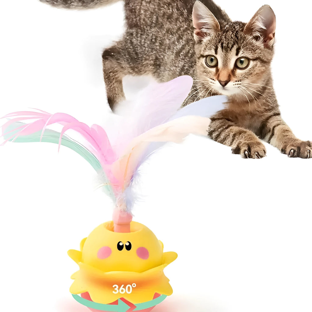 Pink interactive automatic cat feather toy with rotating LED lights and detachable feathers