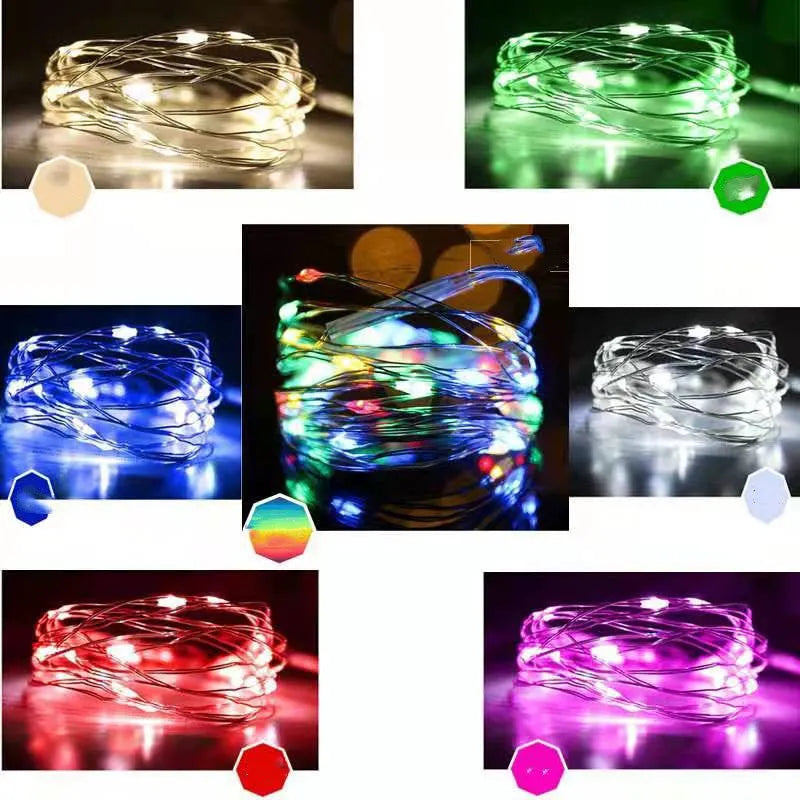 Flexible copper wire LED string lights bent into a spiral shape, showing 120 small bulbs and a white control box.