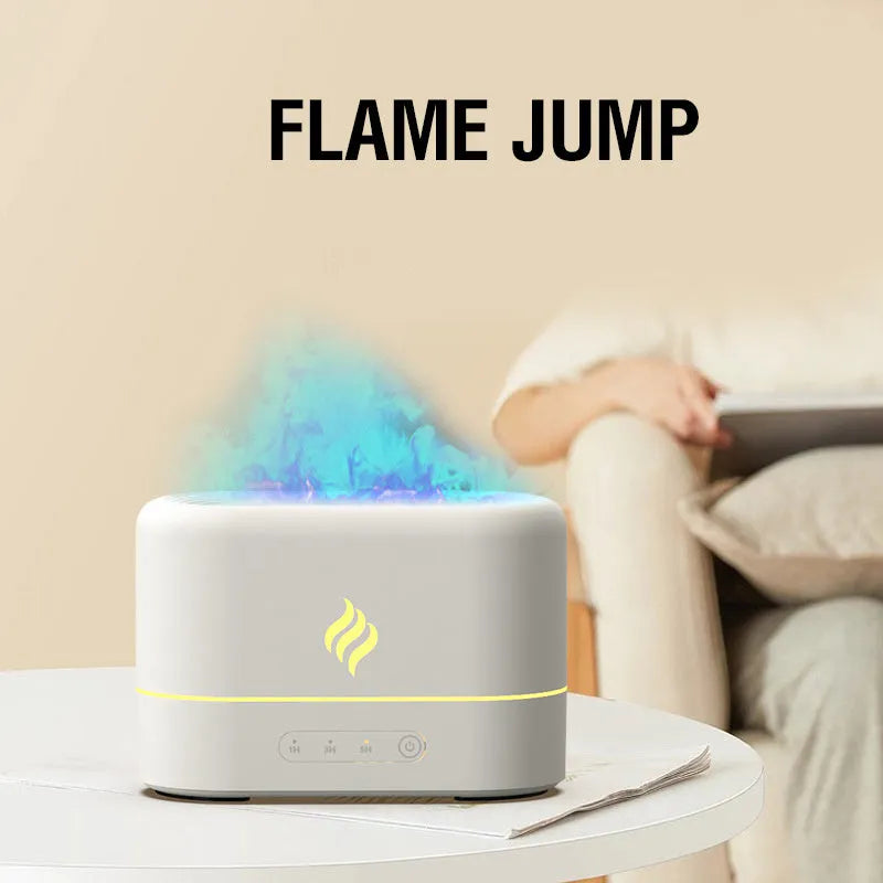 Black USB-powered aromatherapy humidifier with seven-colour simulated flame effect on a desk.