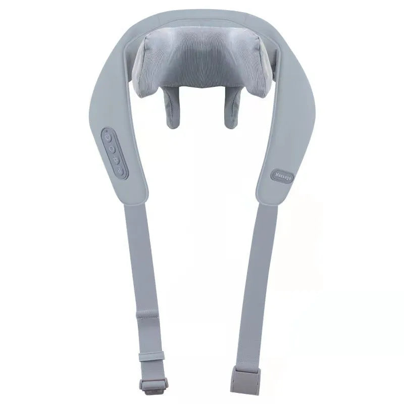 Grey elastic fabric neck and back massager with USB charging port and infrared function