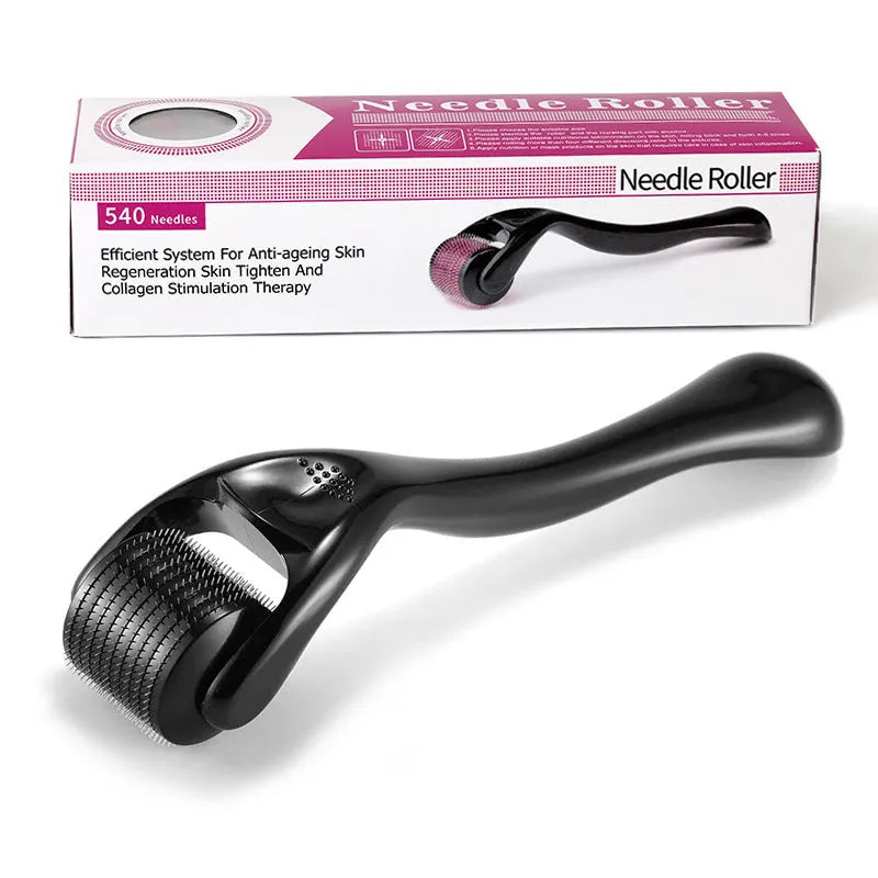 Black and purple derma rollers with 540 titanium microneedles, showing six needle size options from 0.2mm to 1.0mm.