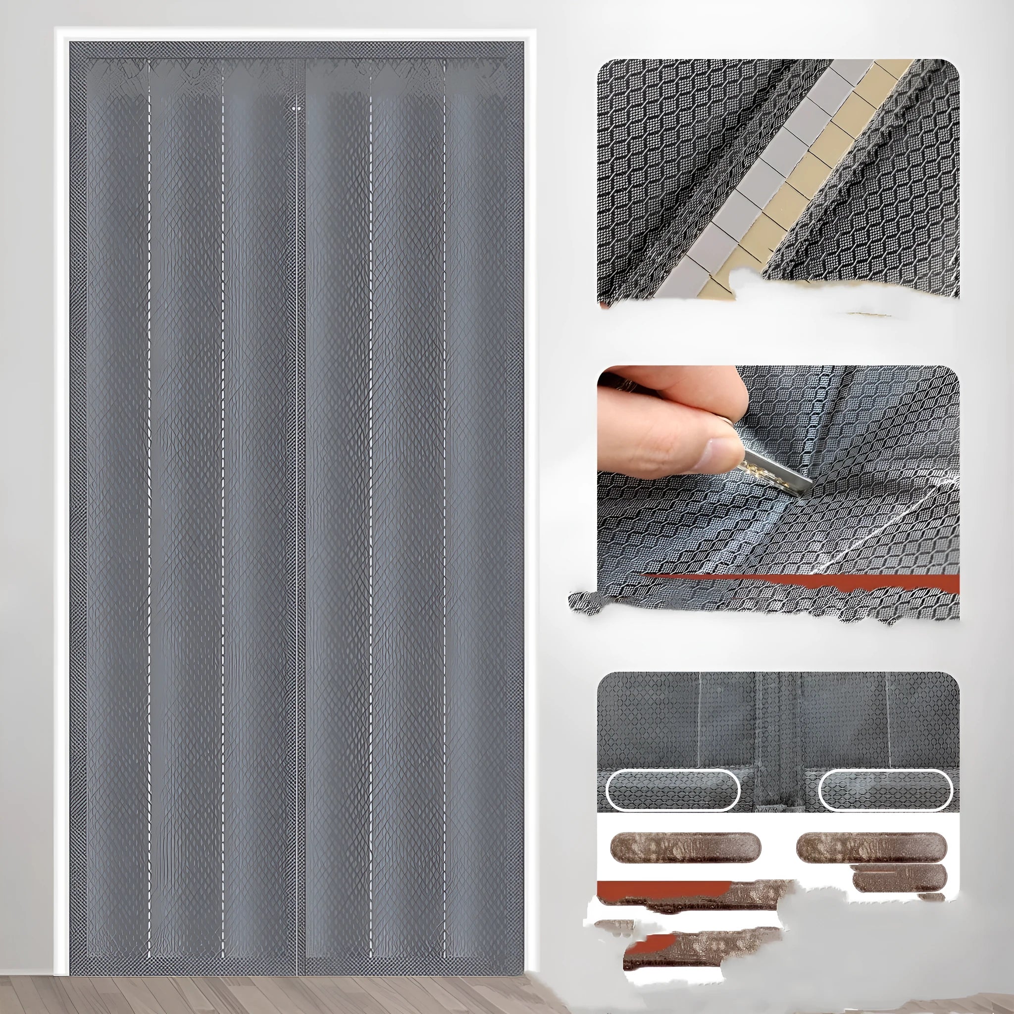 Full seam long magnetic strip cotton door curtain in New Chinese style, shown in grey diamond lattice pattern.