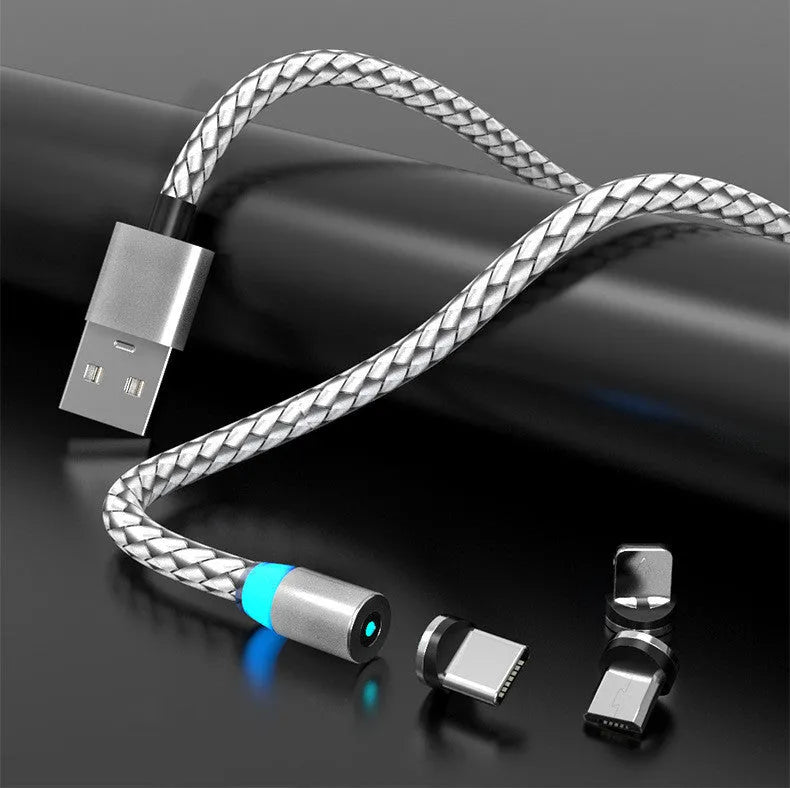 Breathing light magnetic charging cable with LED indicator and interchangeable Lightning, USB-C, and Micro USB tips.