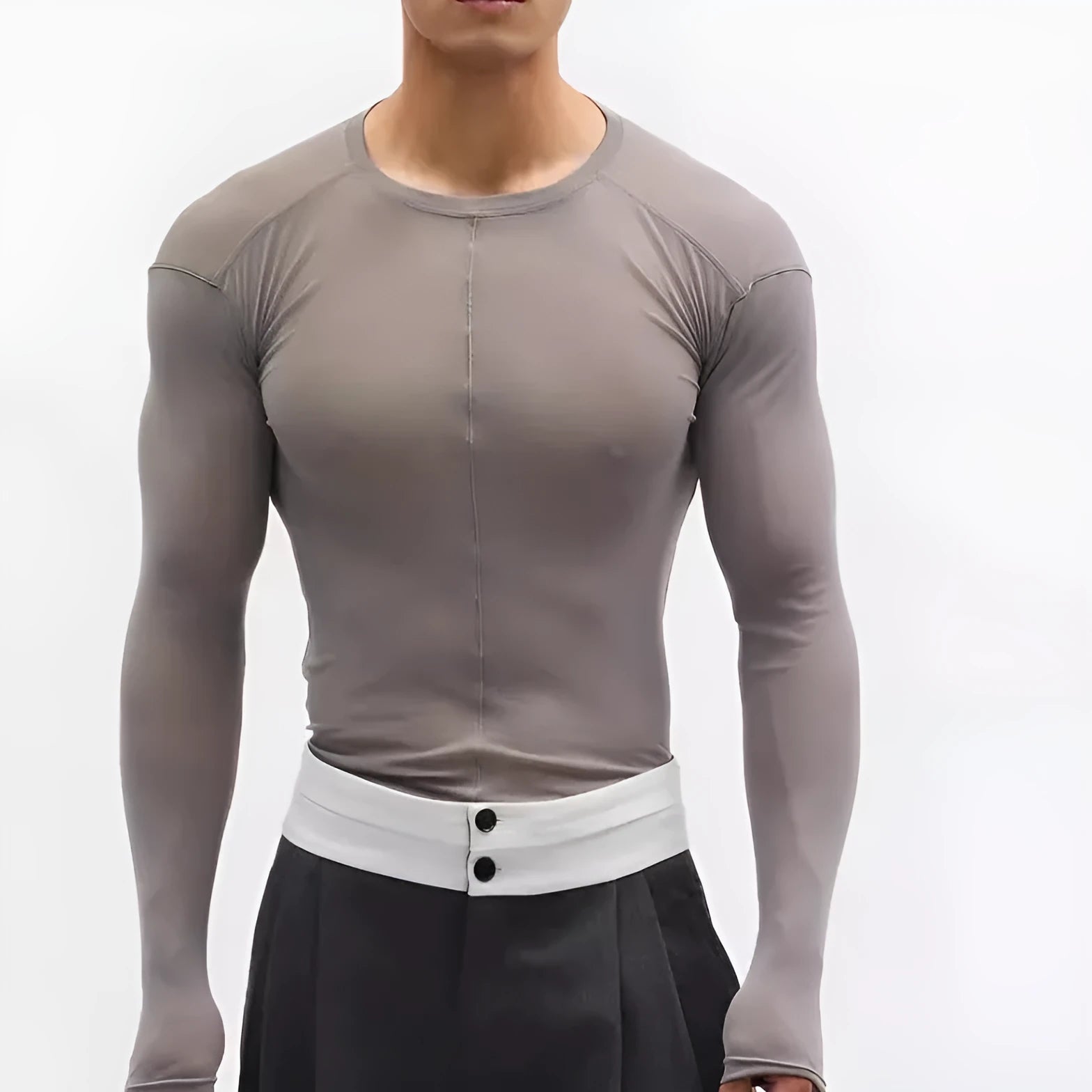 Black slim-fit long sleeve pullover top with mesh see-through texture.