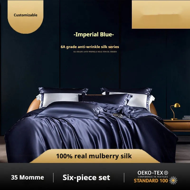 Household Fashion solid colour silk duvet cover and pillowcases on a bed, showing concealed zip detail.