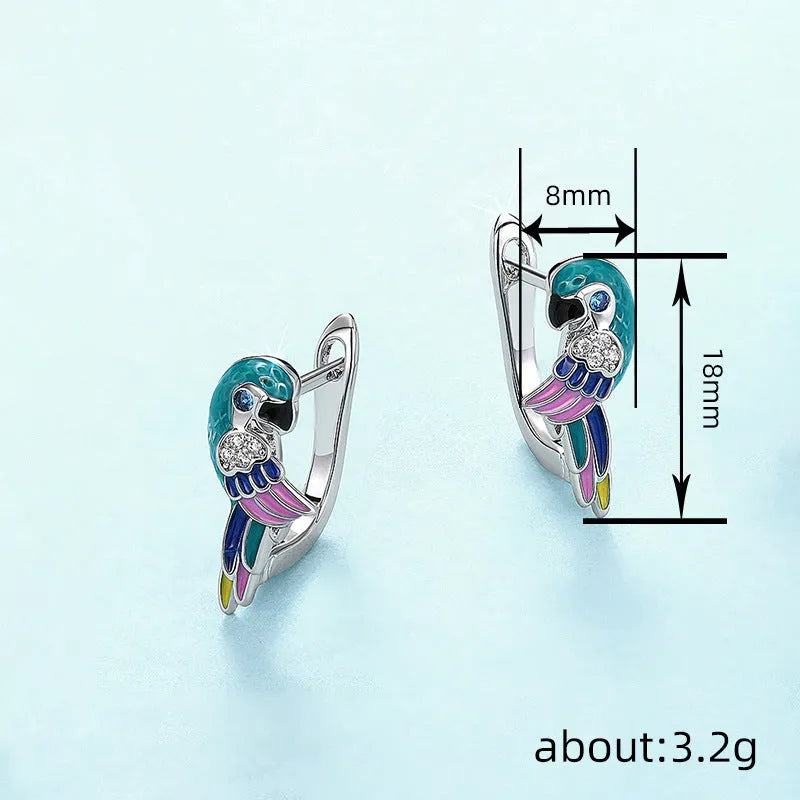 Parrot bird ear clips in white gold colour with copper body and inlaid zircon, cute animal design for women