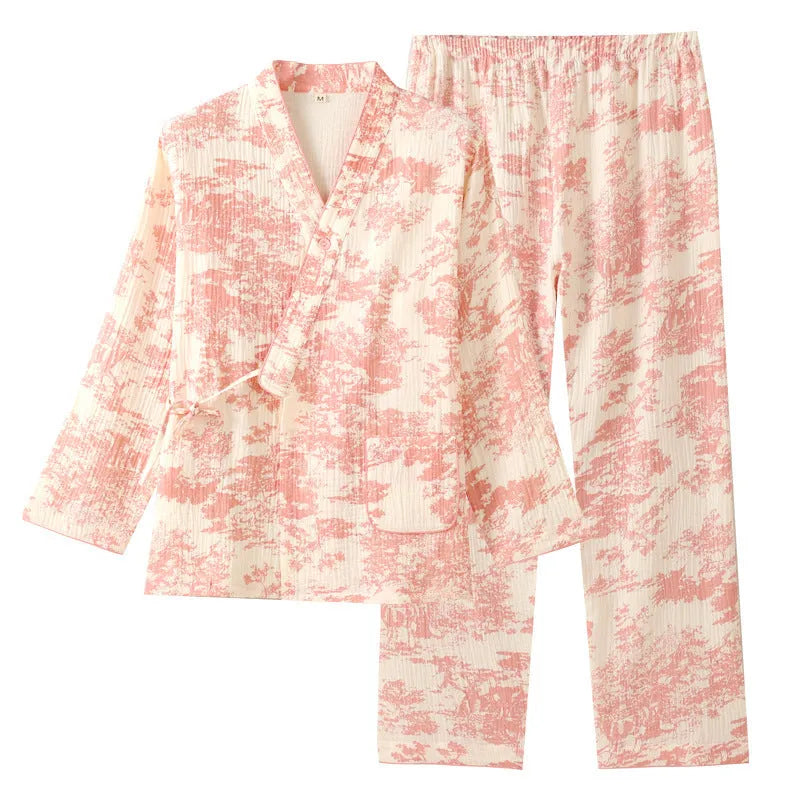 Women's pure cotton gauze lounge suit set in frosted pine trees colour with trousers and long sleeve top