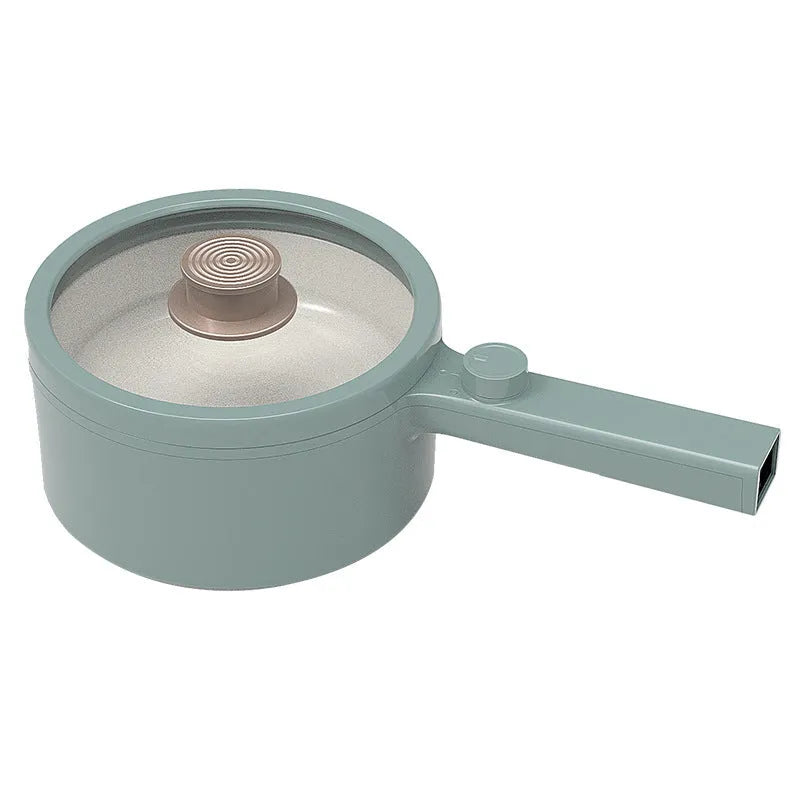 White mini electric cooking pot with 600W power and multiple cooking functions including boiling, steaming and frying