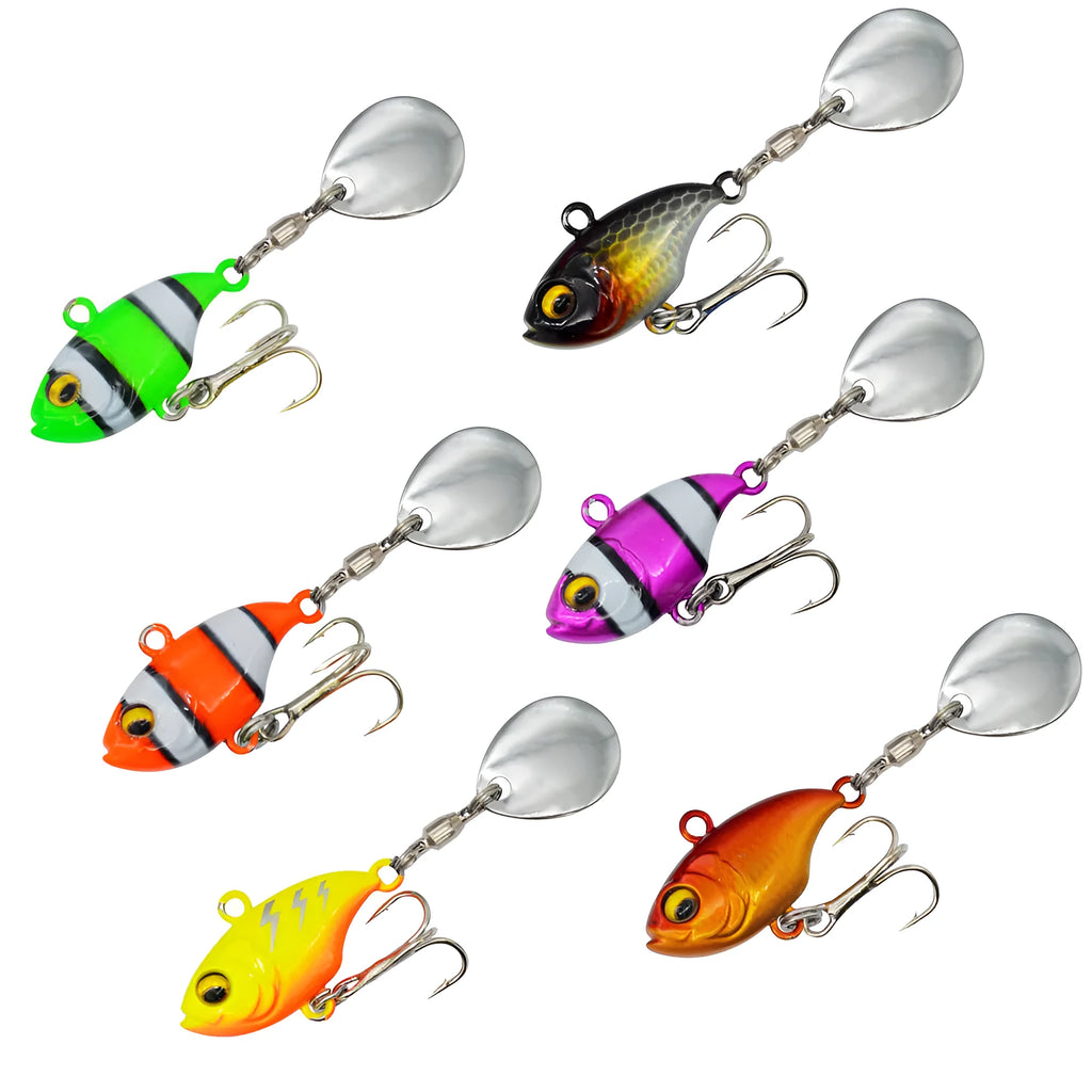 Metal fishing lure with rotating sequins in zebra orange colour pattern.