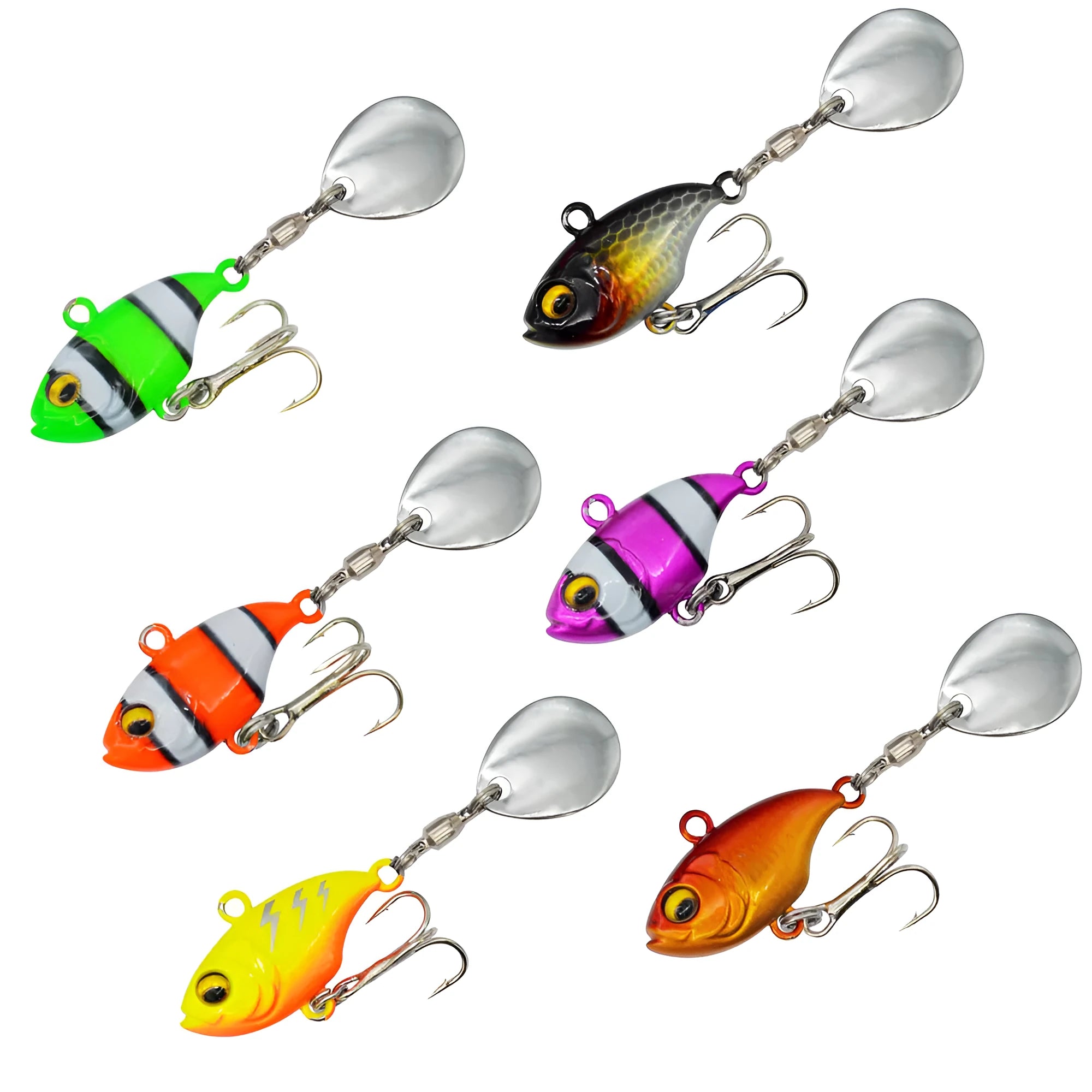 Metal fishing lure with rotating sequins in zebra orange colour pattern.