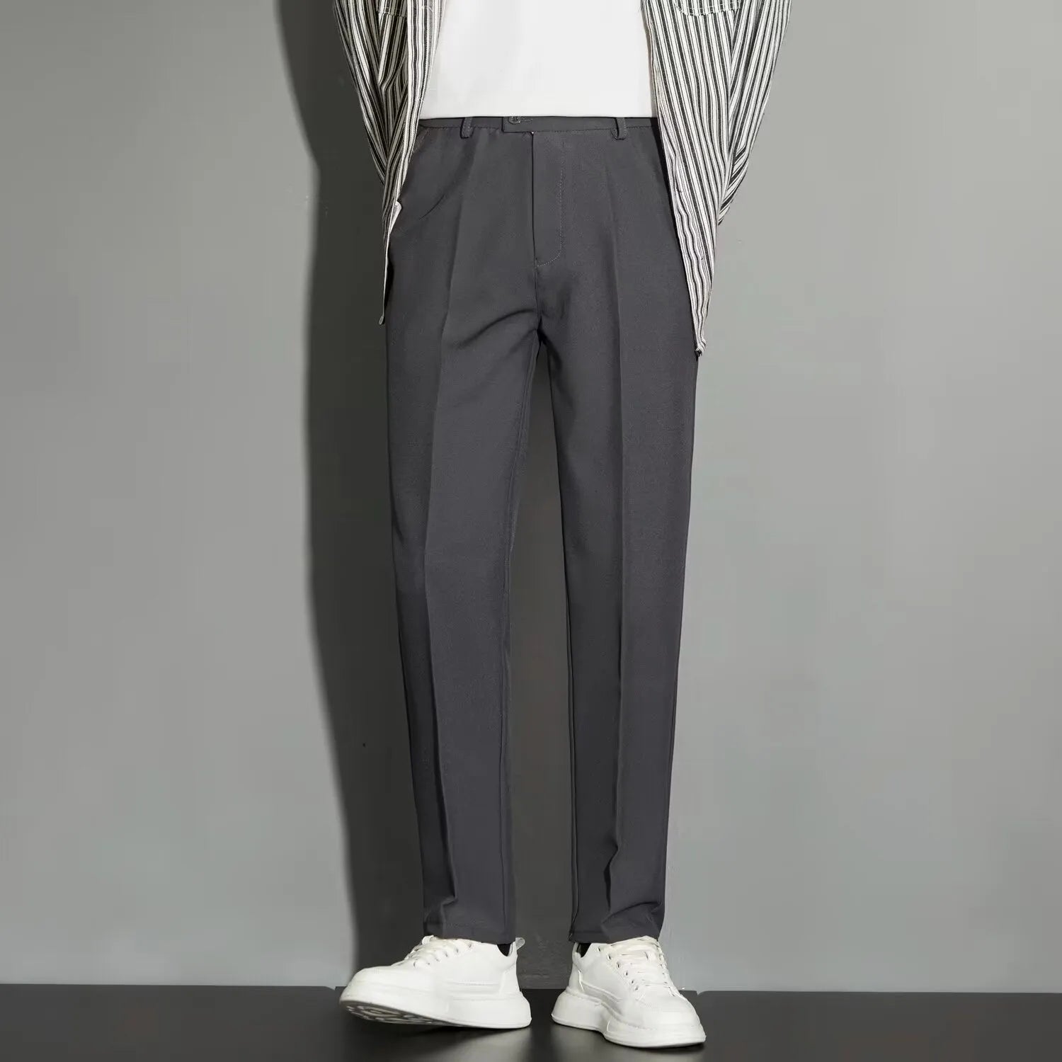 Men's straight-leg suit trousers in chemical fibre blend available in multiple colours and sizes