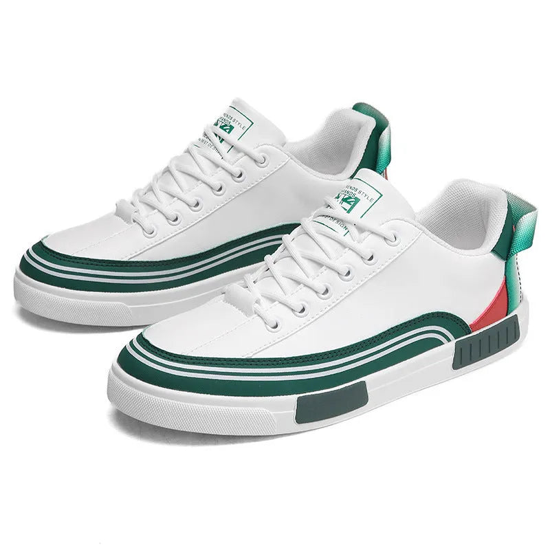 Men's beige and white-green canvas shoes with mesh panels and round-toe design