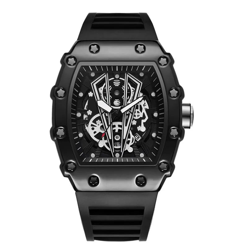Men's sports waterproof quartz watch black rubber strap barrel dial mineral glass