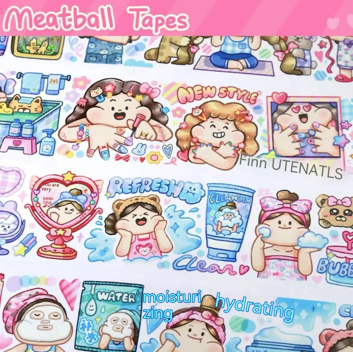 Colourful cartoon character adhesive sticker for sealing haemorrhoid tape packaging on Japanese paper.