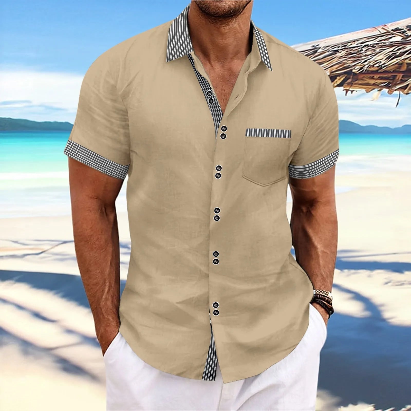 Men's slim fit striped short sleeve casual shirt in pure cotton on a hanger, showing double button detail.