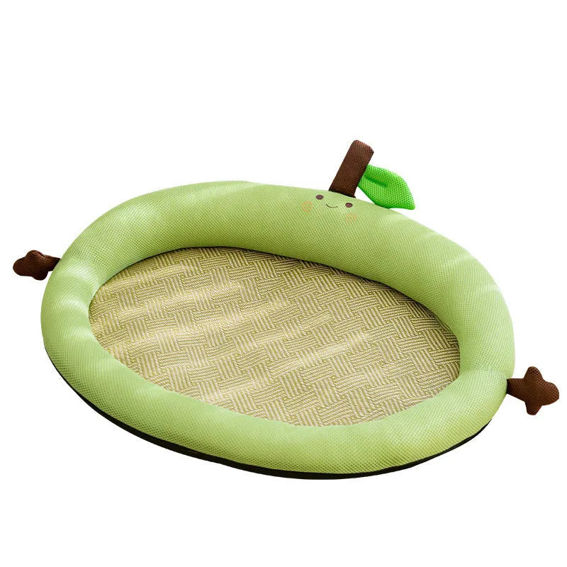 Green fruit-shaped pet nest mat with raised backrest for a cat or small dog.