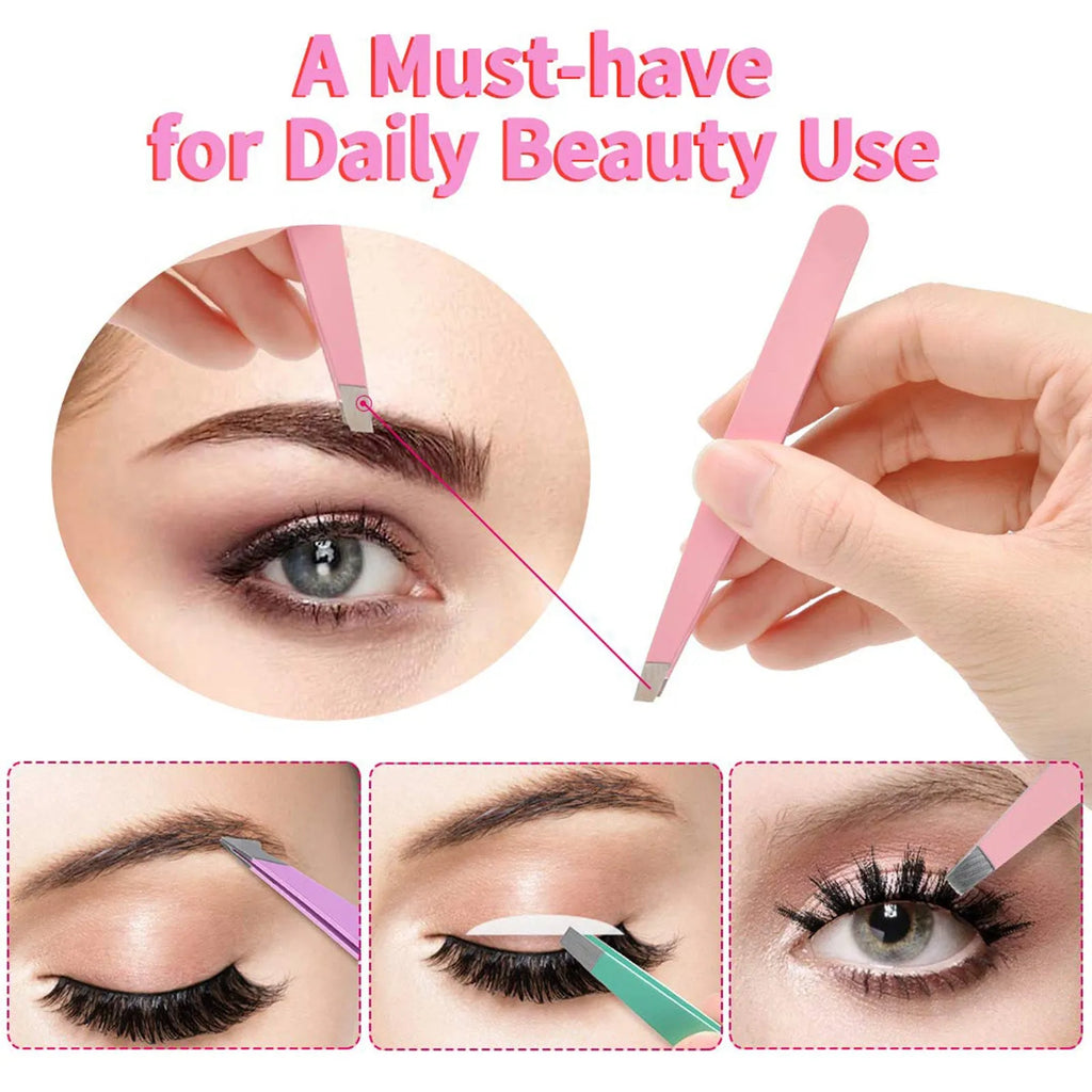 Professional eyebrow tweezers set with four stainless steel tweezers, curved scissors, brush, and leather case.