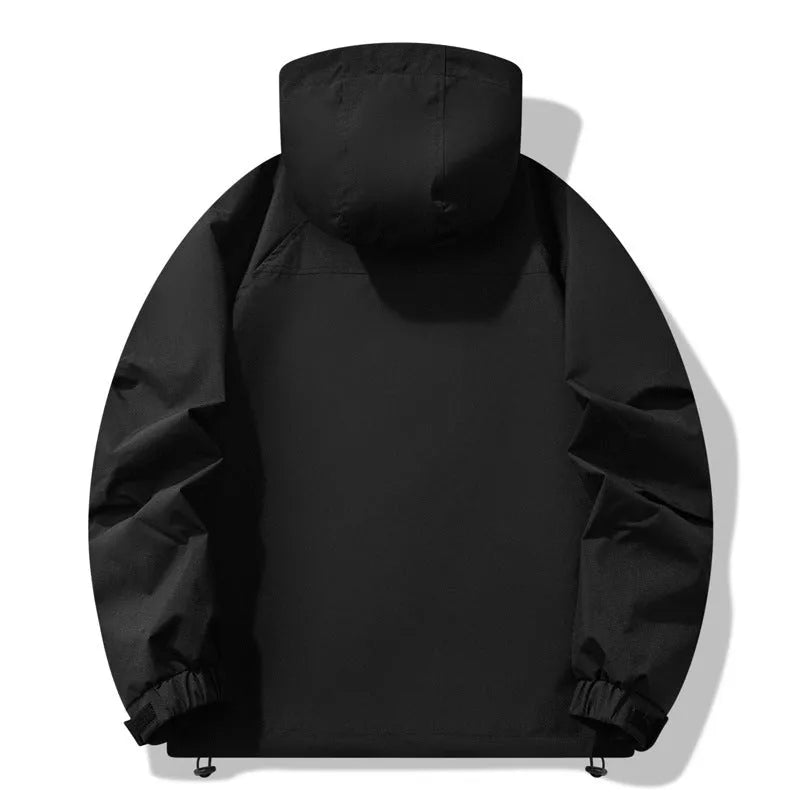 Men's black three-proof outdoor windproof waterproof jacket with zippered pockets, regular fit, polyester blend fabric