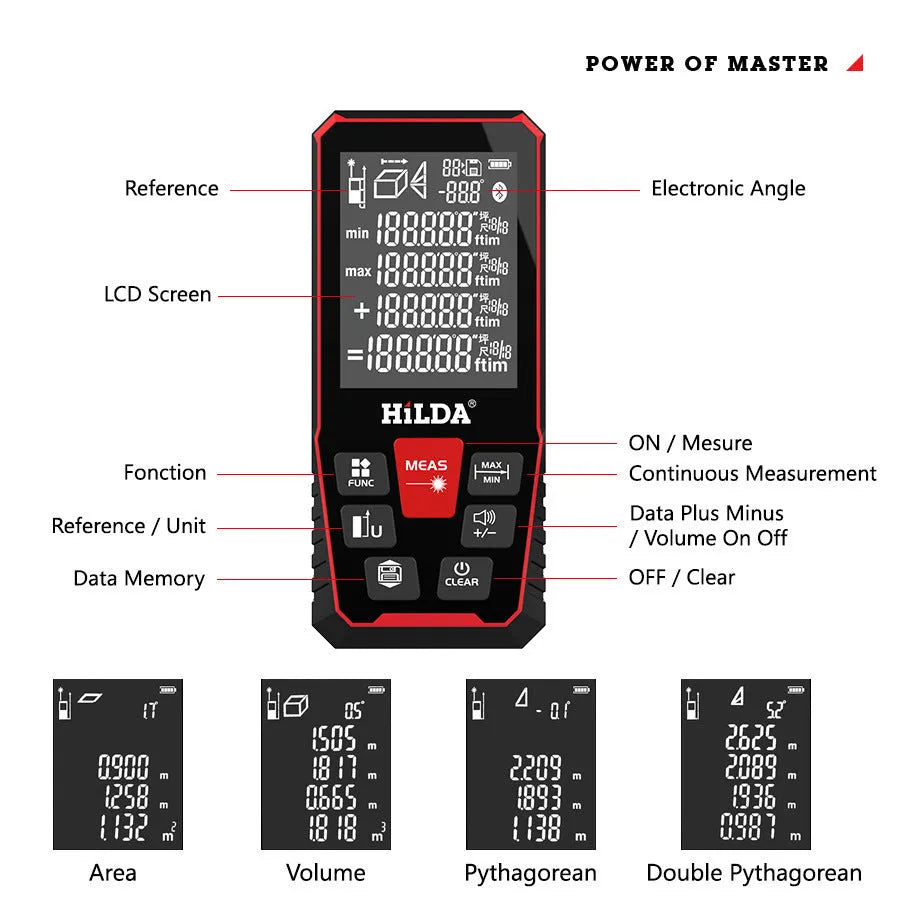 Handheld plastic laser rangefinder for distance measuring up to 120 metres.