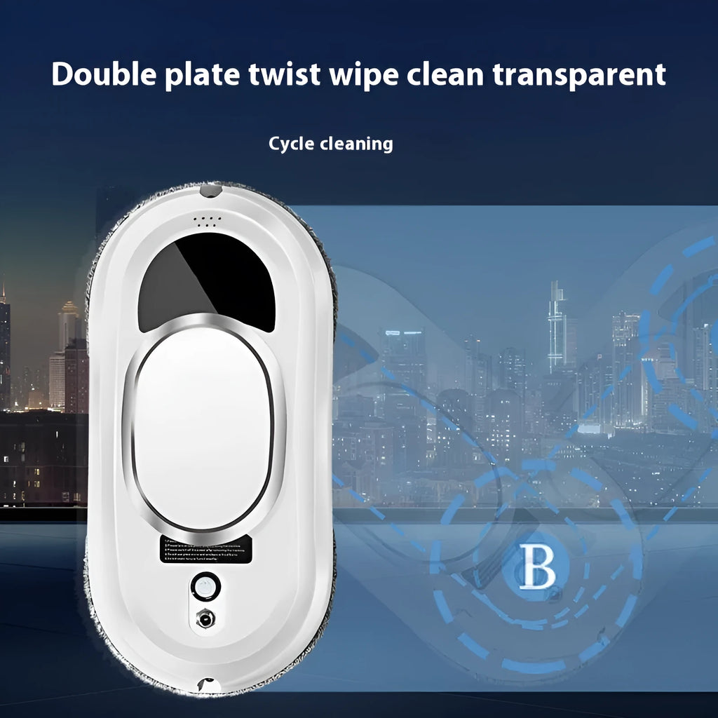 White automatic high-altitude cleaning machine with remote control on a windowsill.