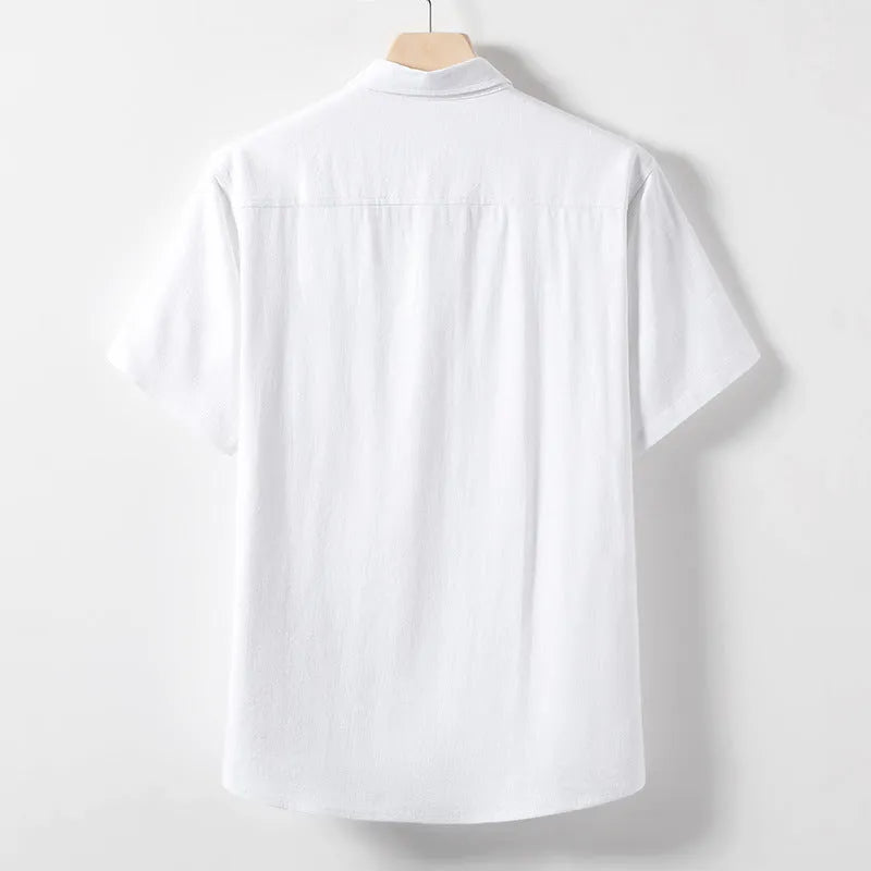 Men's hemp blend linen T-shirt in loose lapel pullover style, shown in optic linen colour