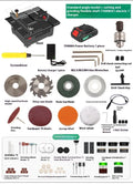 Lithium ion desktop saw with metal construction and 5 angle attachments on workbench