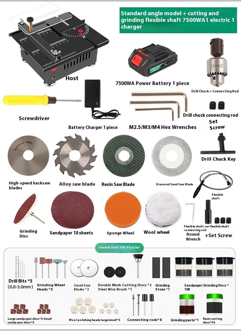 Lithium ion desktop saw with metal construction and 5 angle attachments on workbench