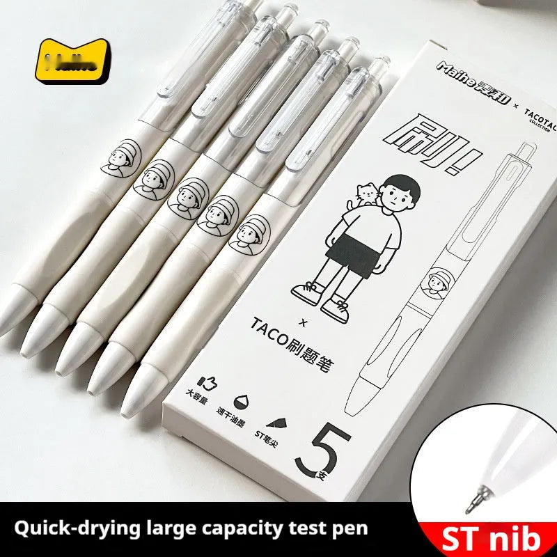 Five black plastic ballpoint pens with 0.5mm tips for exam writing