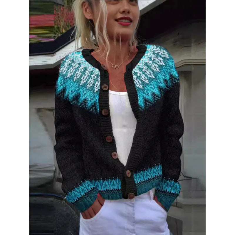 Yellow digital print cardigan coat with 3D pattern effect, shown on a hanger.