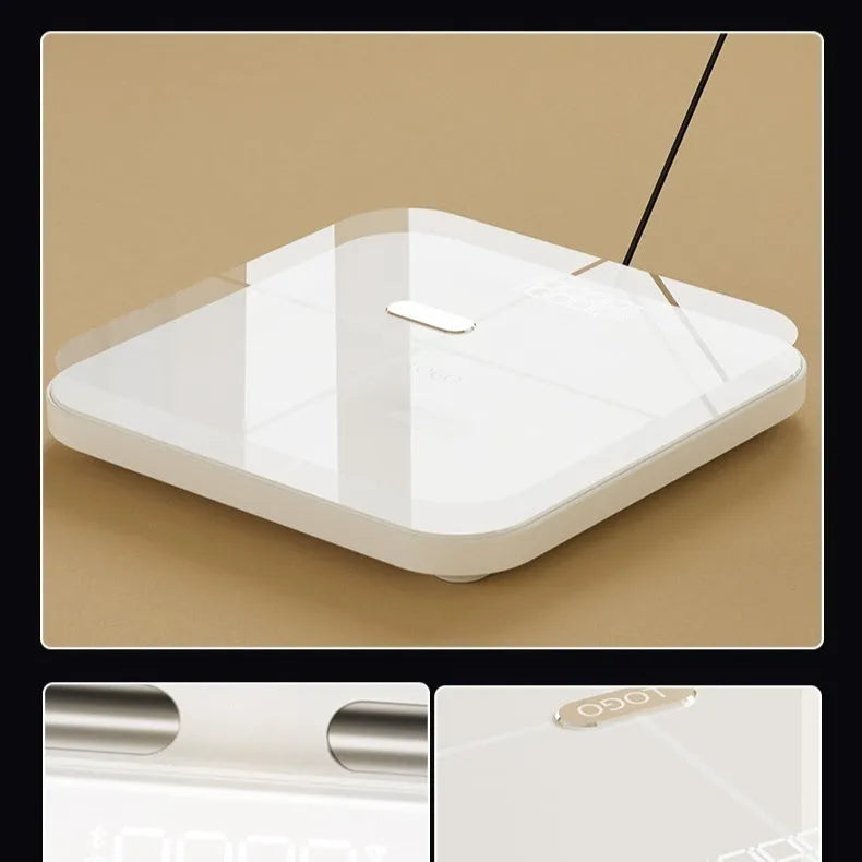White smart body fat scale with 8 electrodes and LED display on tempered glass platform