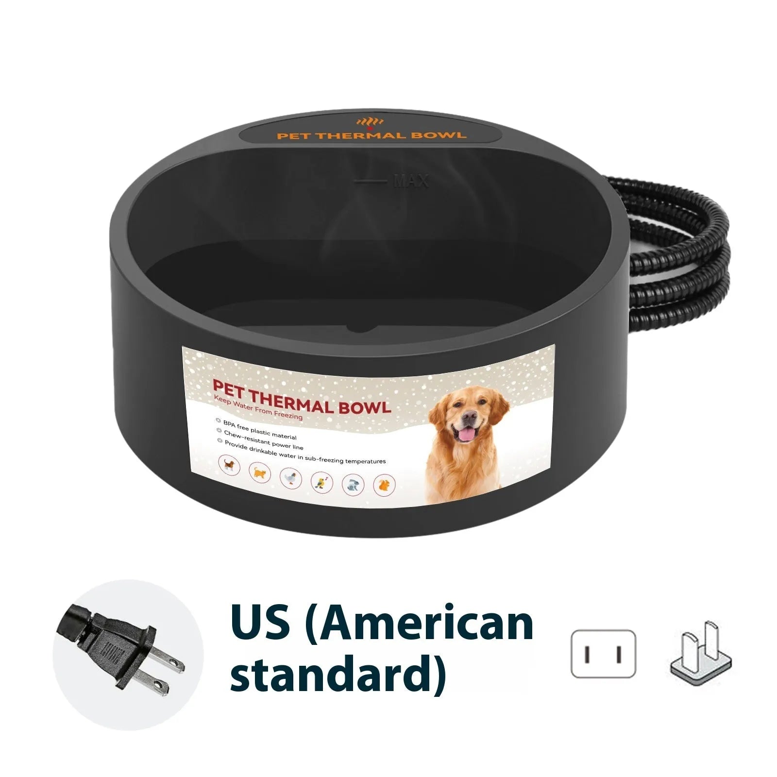 Black electric pet heating bowl with constant temperature control for cat and dog food.
