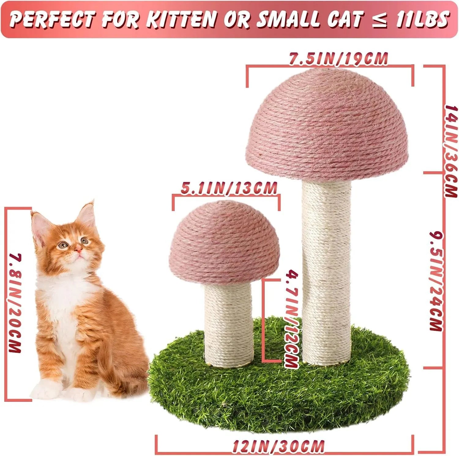 Pink mushroom-shaped cat scratching post with natural sisal caps and pole for kittens and small cats
