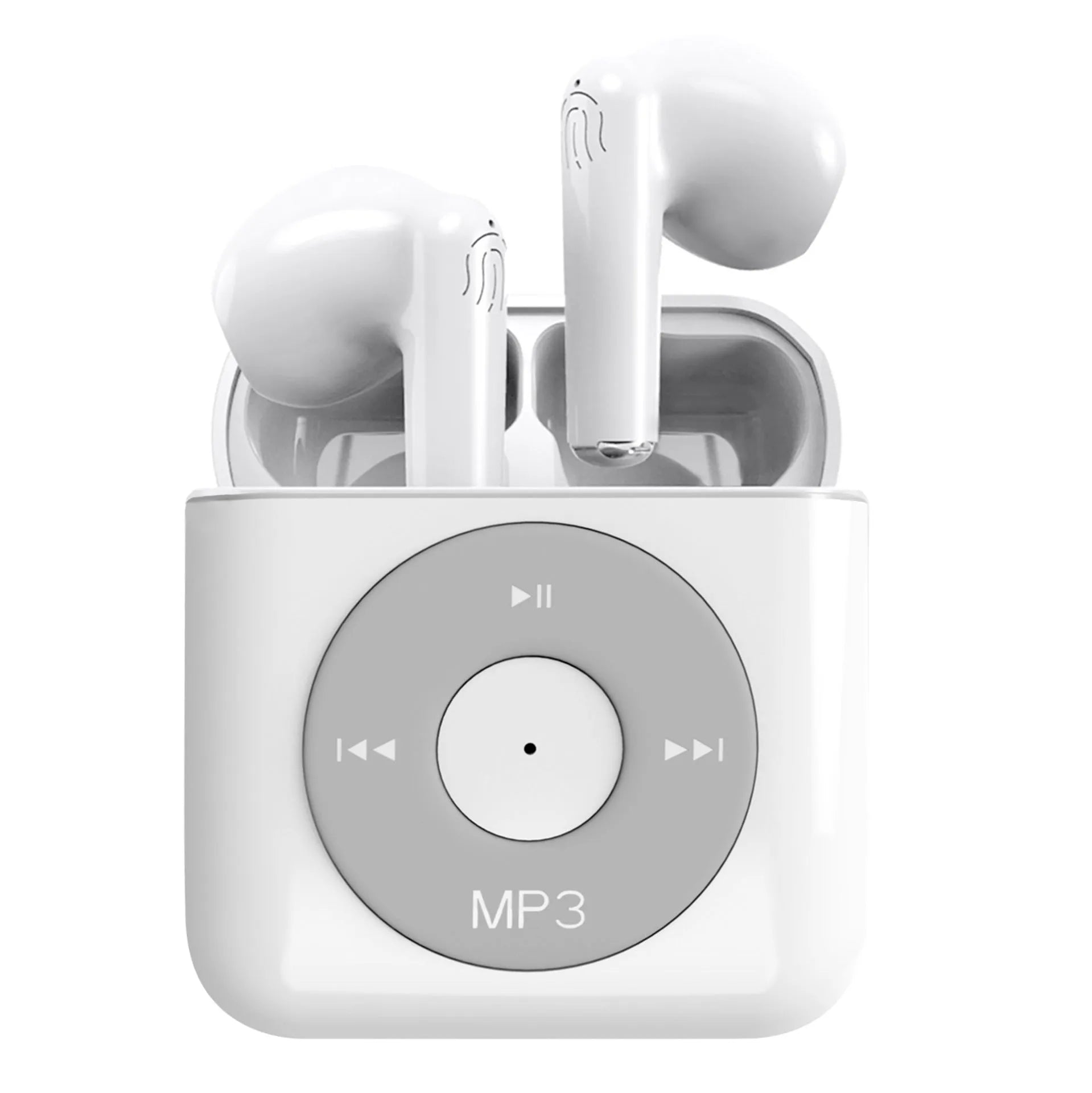 White semi in-ear wireless Bluetooth earphones and charging case on a table.