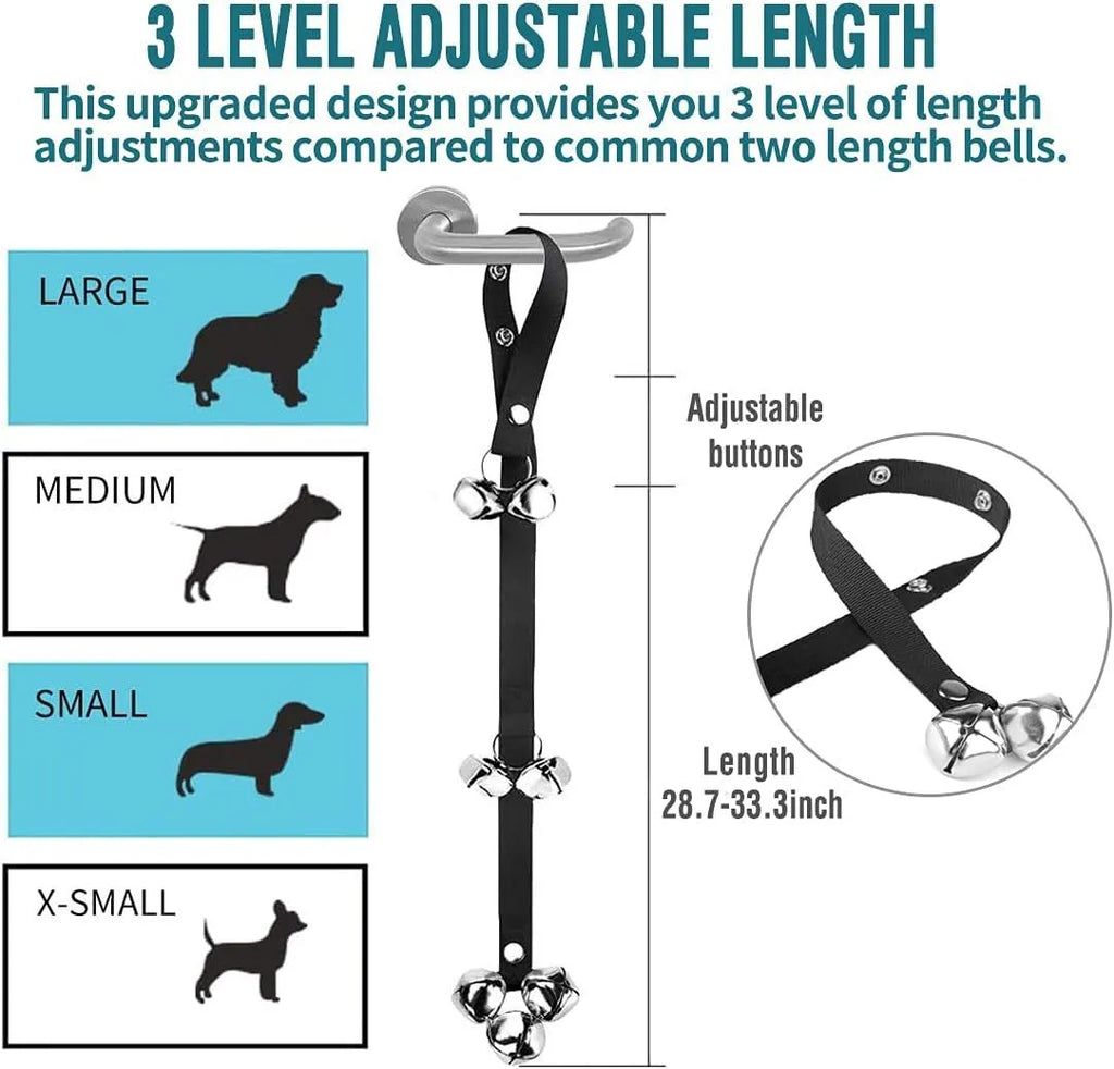 Premium silver metal dog training doorbell with seven large bells on an adjustable nylon strap.