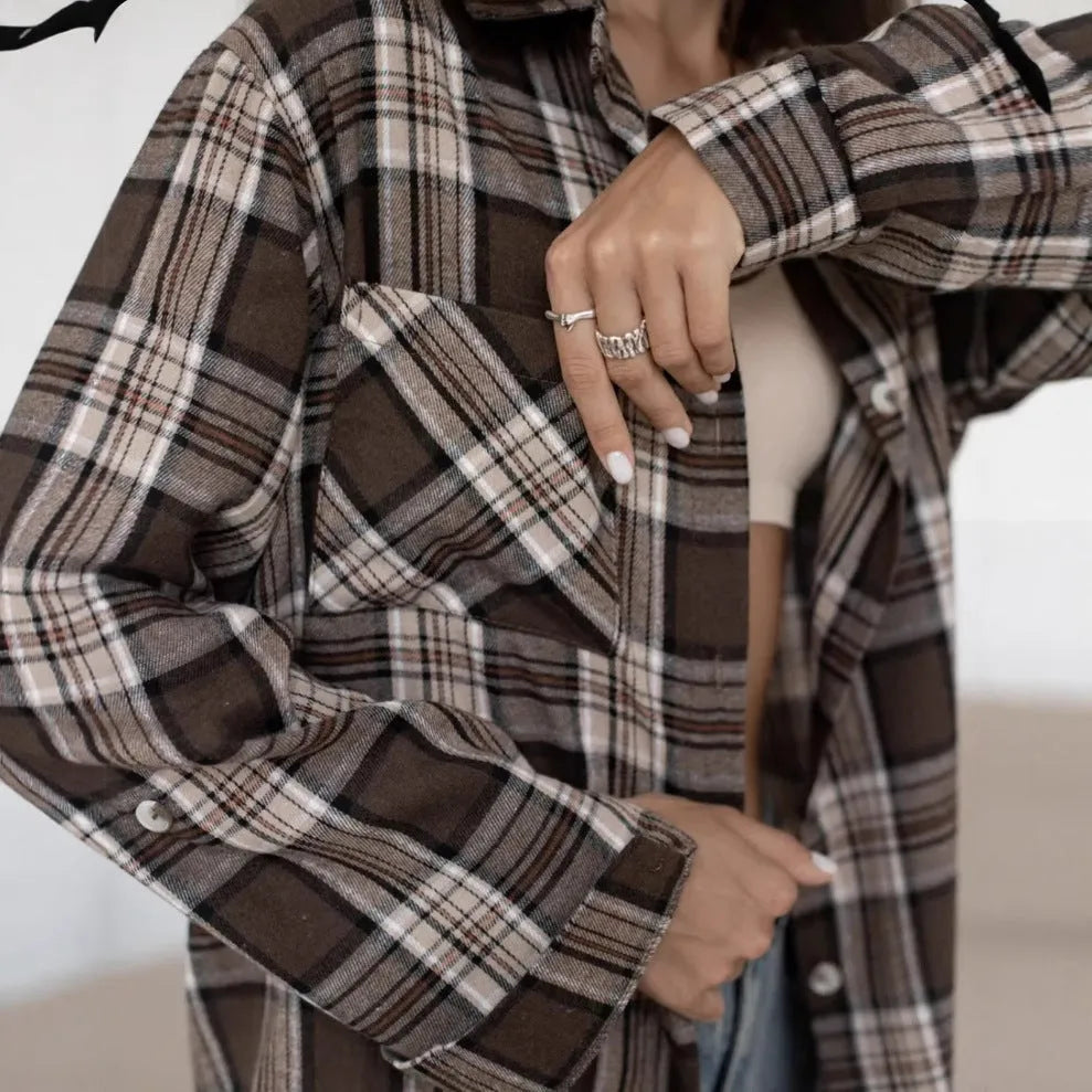 Dark brown striped women's retro shirt with long sleeves and cotton blend fabric