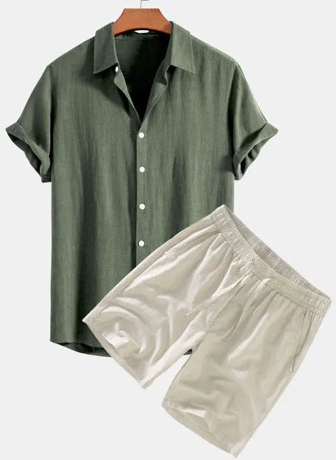 Men's solid colour casual short-sleeved shirt and shorts suit on a hanger.