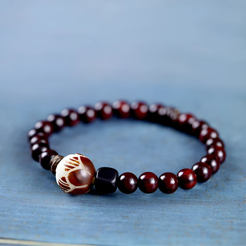 Natural rosewood bracelet with double rings and single circle design, 10mm floral carved bead