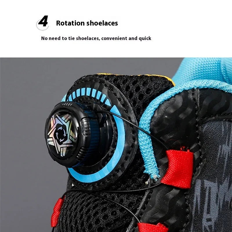 Children's black running shoes with a rotating button closure and cushion basketball design on a white background.