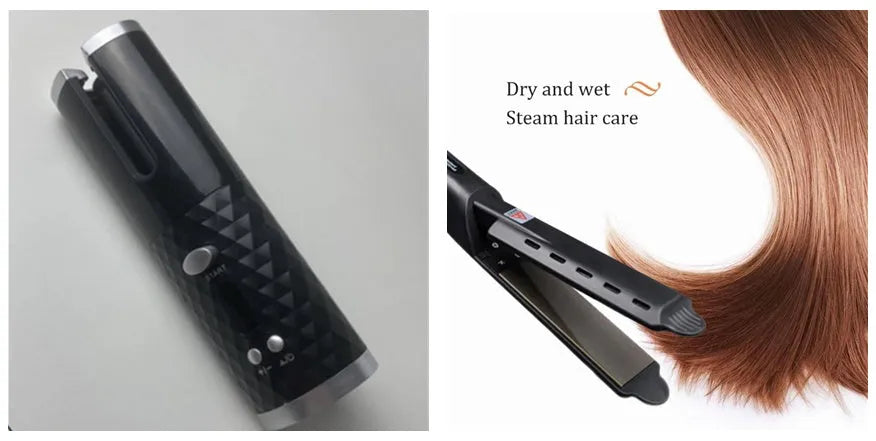 A white portable automatic wireless curling iron with a USB cable and a gold ceramic barrel.