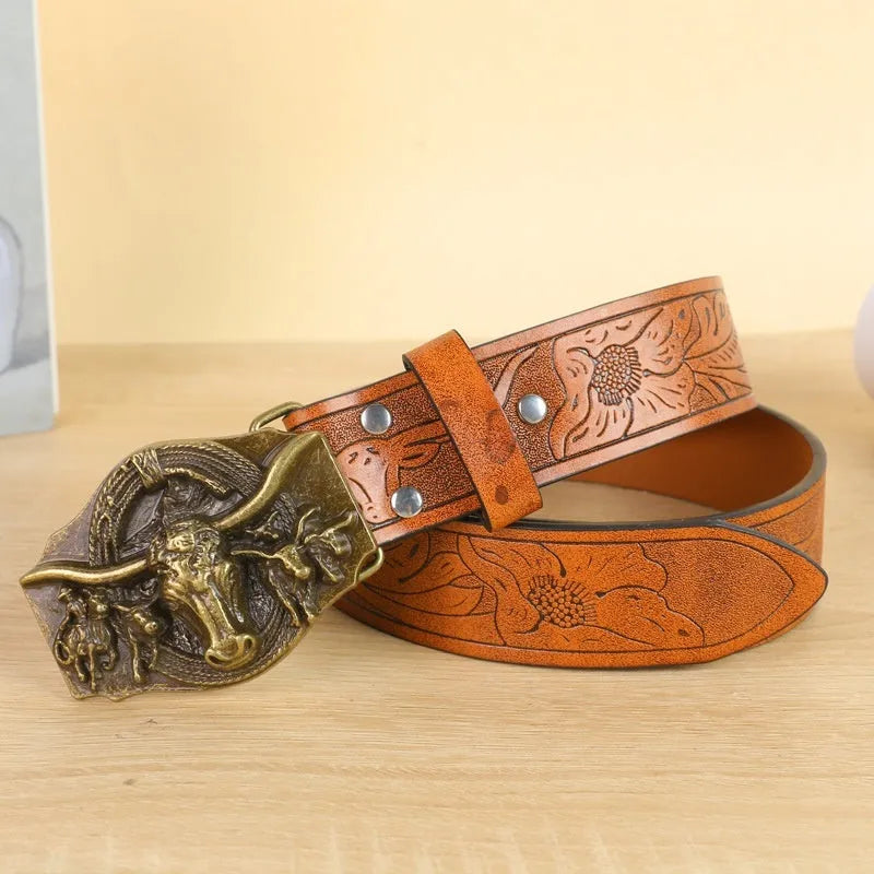 Men's brown imitation leather belt with a detailed silver alloy cow head buckle and pin buckle fastening.