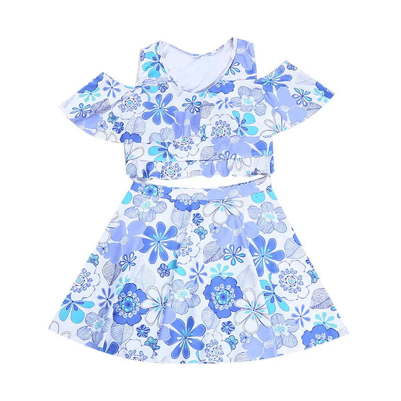 Fresh blue floral women's one-piece swimdress in polyester fabric