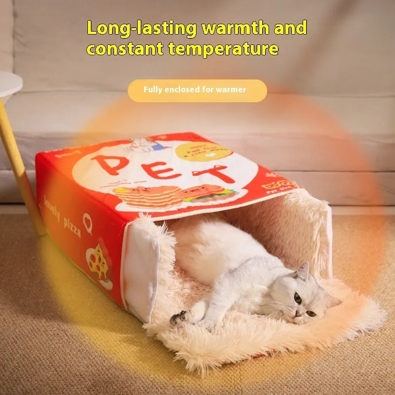Rectangular fully enclosed cloth pet bed for cats, available in red and blue, sizes L and M