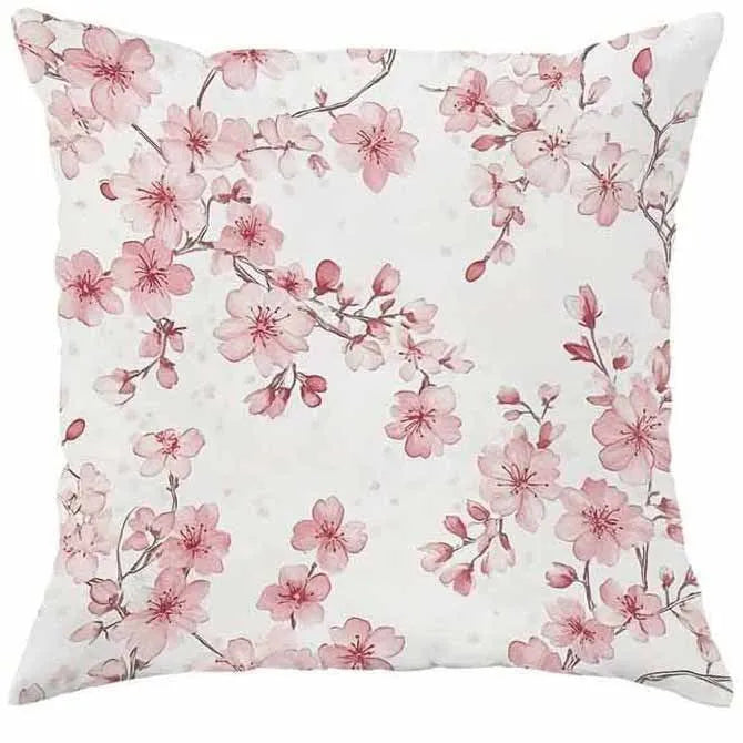 Square short velvet cushion cover with cherry blossom and letter print, 45cm size, shown in one of four HDRD192 colour options