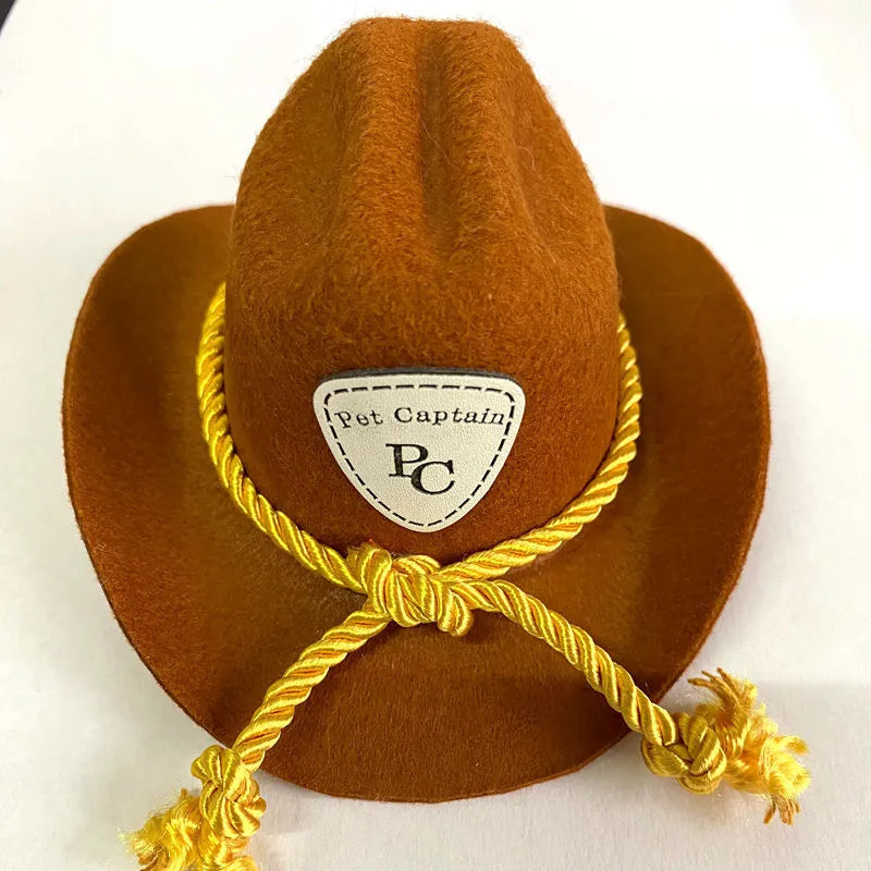 British-style brown cowboy hat for a cat with a black ribbon trim.