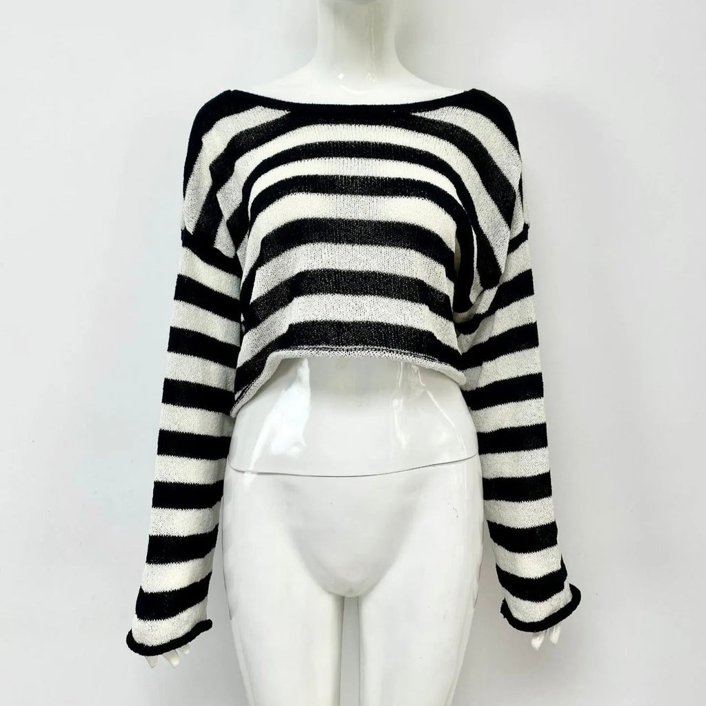 A striped long-sleeved pullover sweater in mercerised cotton, shown in one of five available colours.