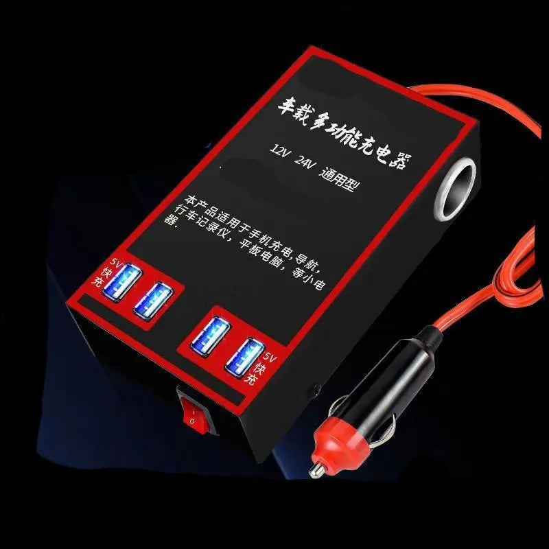 Black automotive power converter that converts 12V or 24V car battery power to 220V AC household electricity