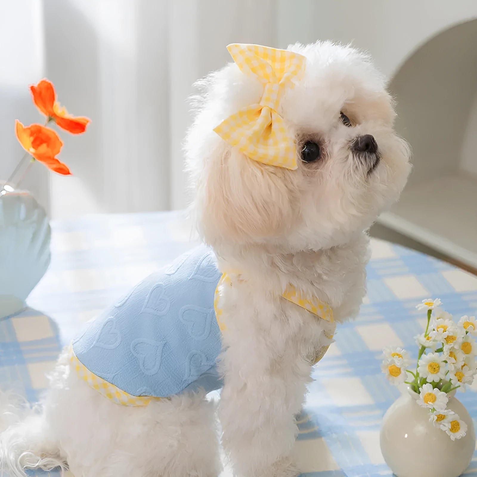 Small dog wearing a blue elastic vest with heart texture and bow suspenders.