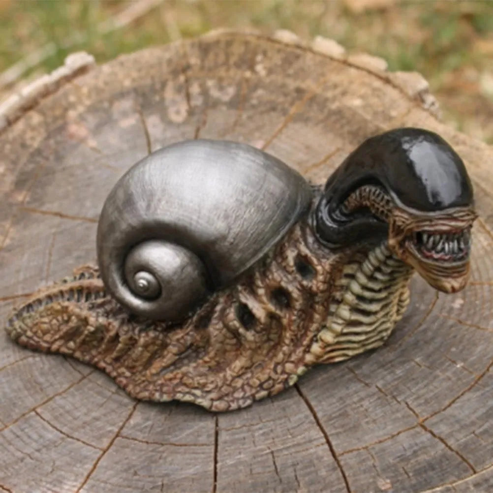 Resin evil snail character sculpture for modern garden decoration outdoors.