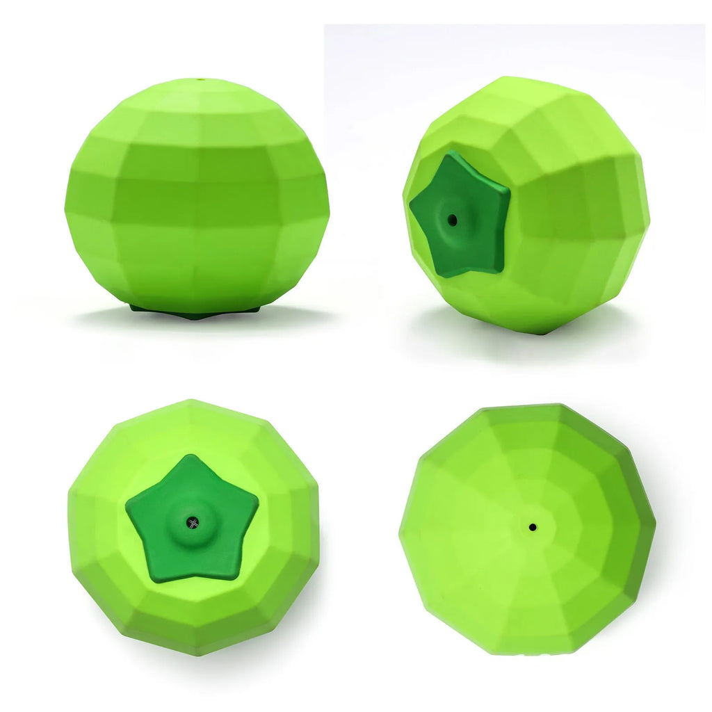 Green durable natural rubber dog squeaky ball chew toy for large aggressive chewers.
