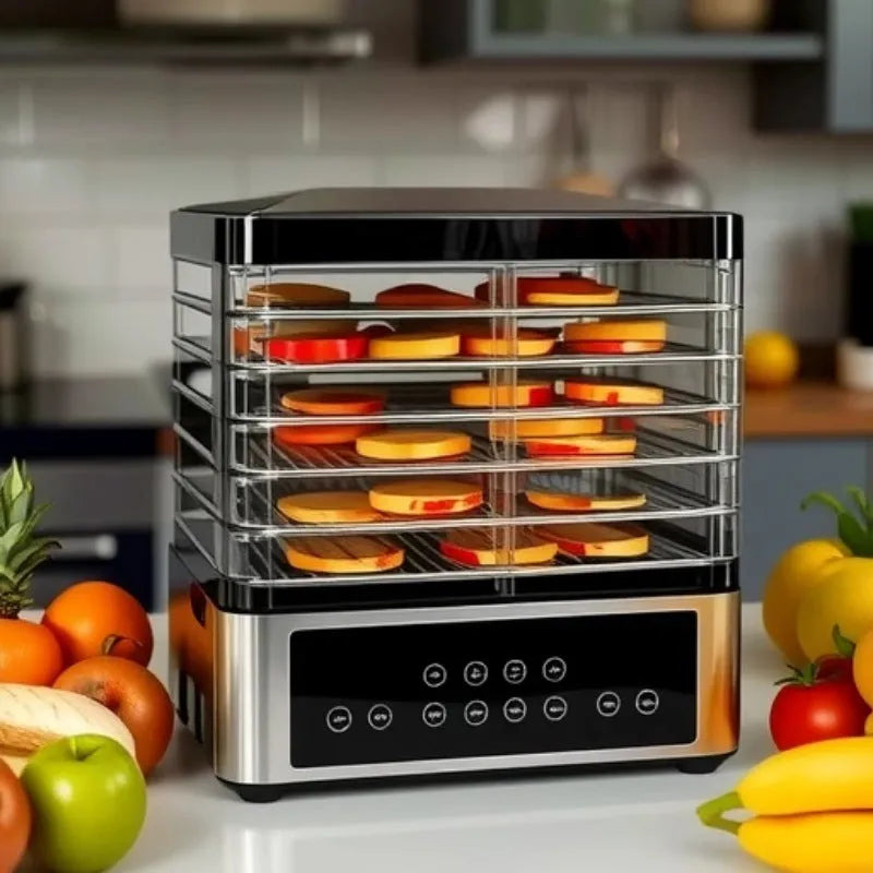 Silver stainless steel household food dehydrator with 14-litre capacity